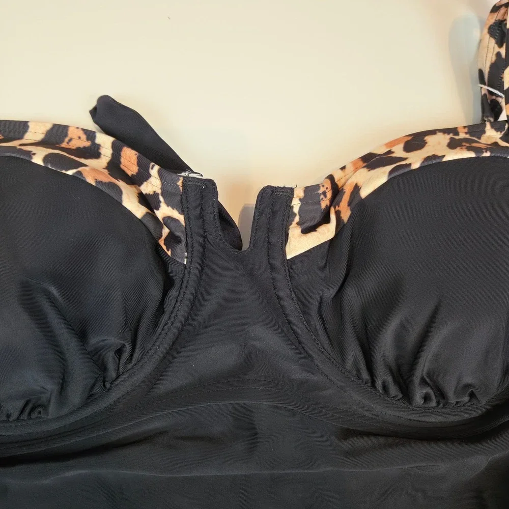 B2PRITY‎ One Piece Swimsuit Womens M Black Leopard Ruched Underwire Chic 419 NWT